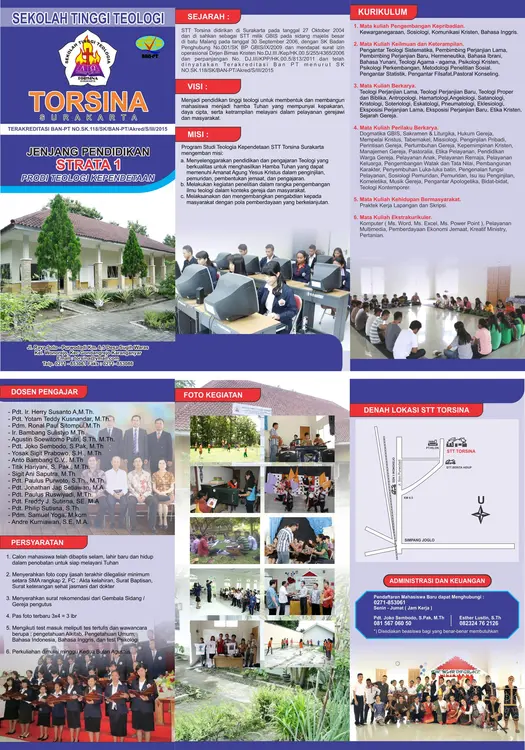 STT TORSINA SURAKARTA membuka pendaftaran bagi mahasiswa baru. Tahun ajaran 2018/2019. Mari yang rindu melayani dan mendalami Firman Tuhan, kami dengan senang hati menyambut saudara-saudara.